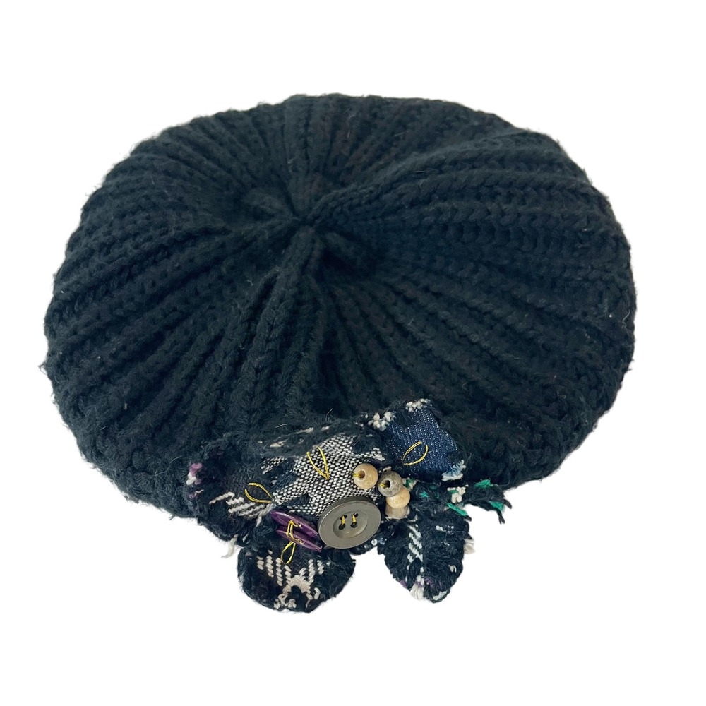 Desigual Womens Black Knit Beret Hat Mixed Media Patchwork Floral Button Detail